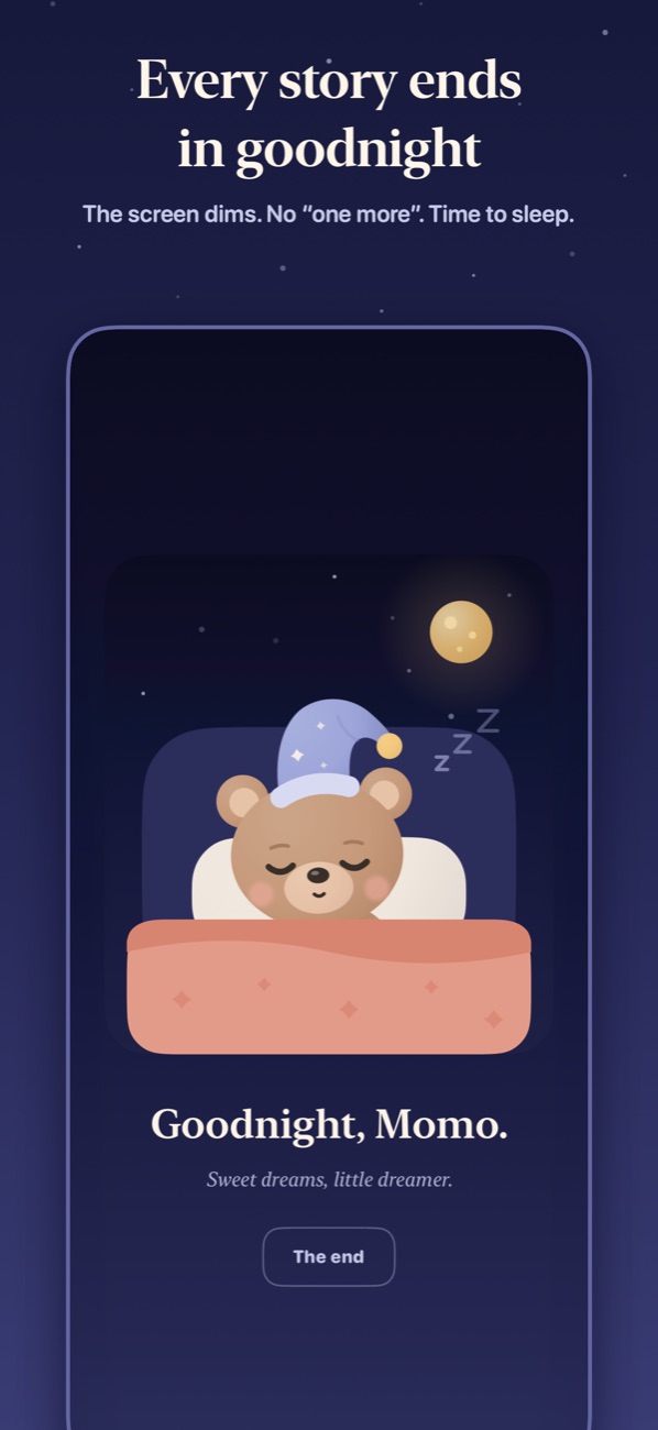 The goodnight screen: Momo asleep, the screen dimming
